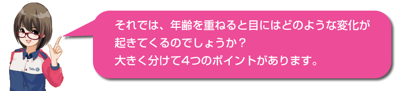 キャラクターセリフ「それでは、年齢を重ねると目にはどのような変化が起きてくるのでしょうか?大きく分けて4つのポイントがあります。」